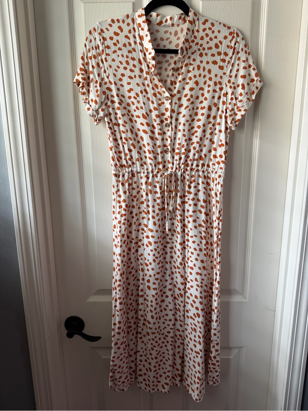 Women's Ivory Dress with Rust Dot Print - Casual Button-Front Midi